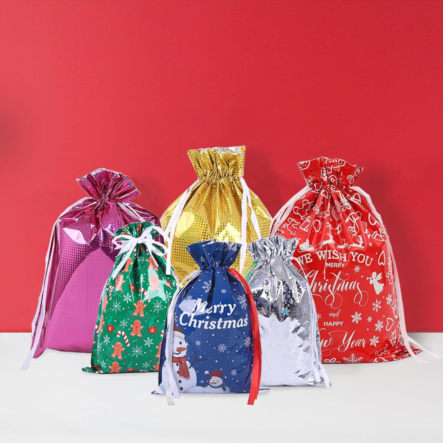 6er Pack Weihnachts-Geschenktüten mit Kordelzug - 6 verschiedene Designs - Aluminiumfolie - Wiederverwendbar