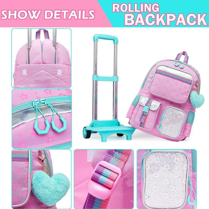 Rollrucksack für Mädchen mit Rädern – 17 Zoll, Rosa