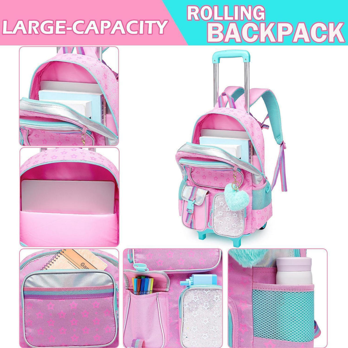 Rollrucksack für Mädchen mit Rädern – 17 Zoll, Rosa