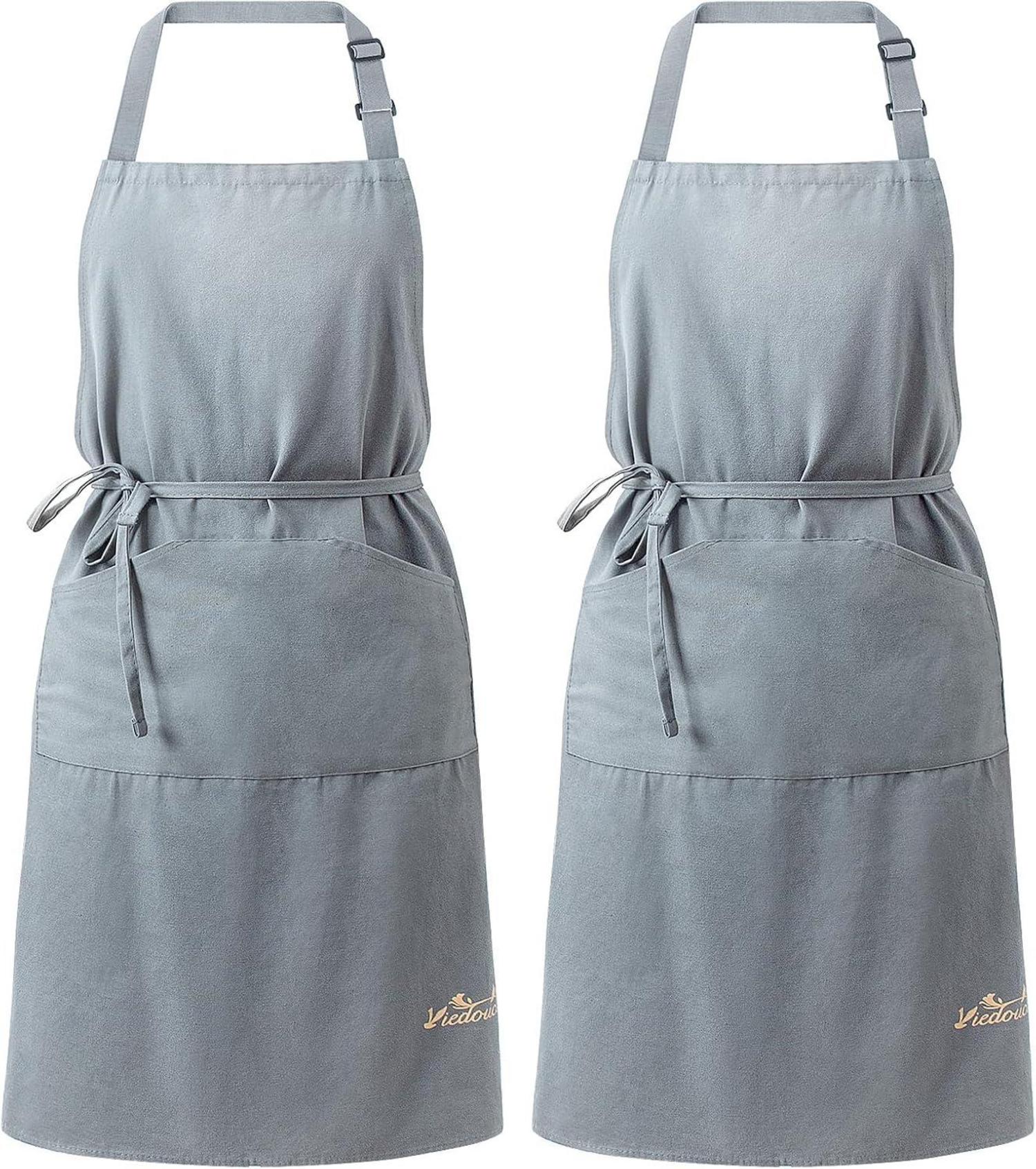 2er Set Wasserfeste Küchenschürzen mit Taschen Grau Bio-Baumwolle