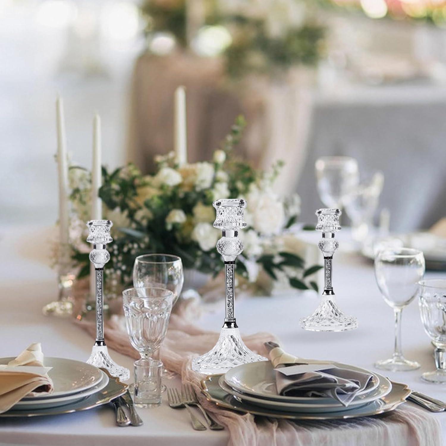 Kristall Kerzenständer Set 3-teilig Glas Silber Elegant Festlich