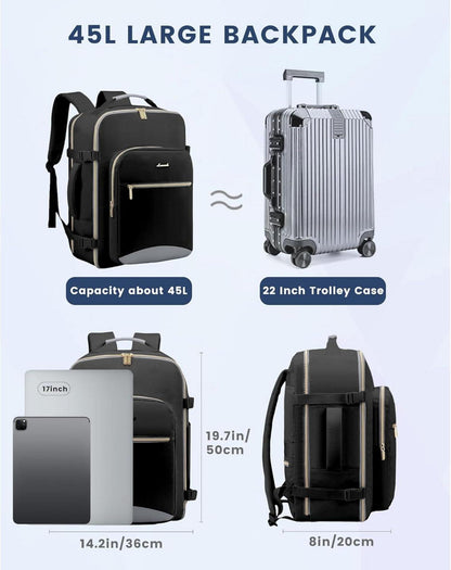 Wasserdichter 40L Travel Backpack für Damen, 17 Zoll Laptop Rucksack