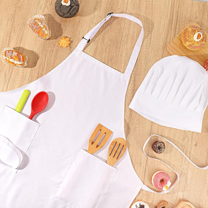 Kochschürze und Kochmütze Set Weiß wasserdicht verstellbar mit Taschen