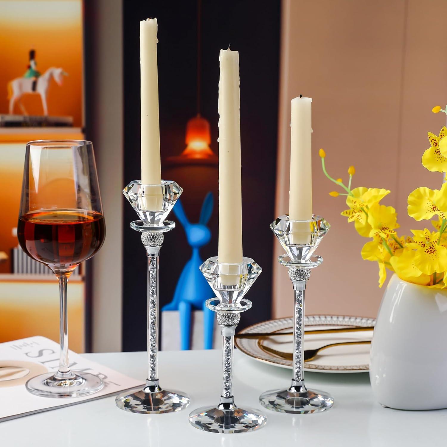 Kristall Kerzenständer 3er Set Diamantförmig 17/20/23cm Silber