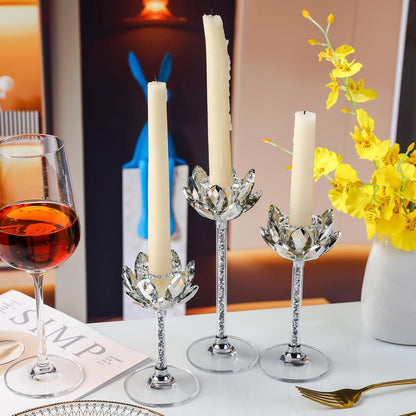 Kristall Lotusblume Kerzenständer Set, 3 Silberne Teelichthalter, transparenter Kerzenhalter