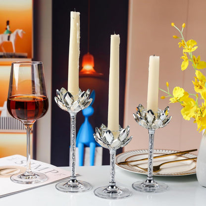 Kristall Lotusblume Kerzenständer Set, 3 Silberne Teelichthalter, transparenter Kerzenhalter