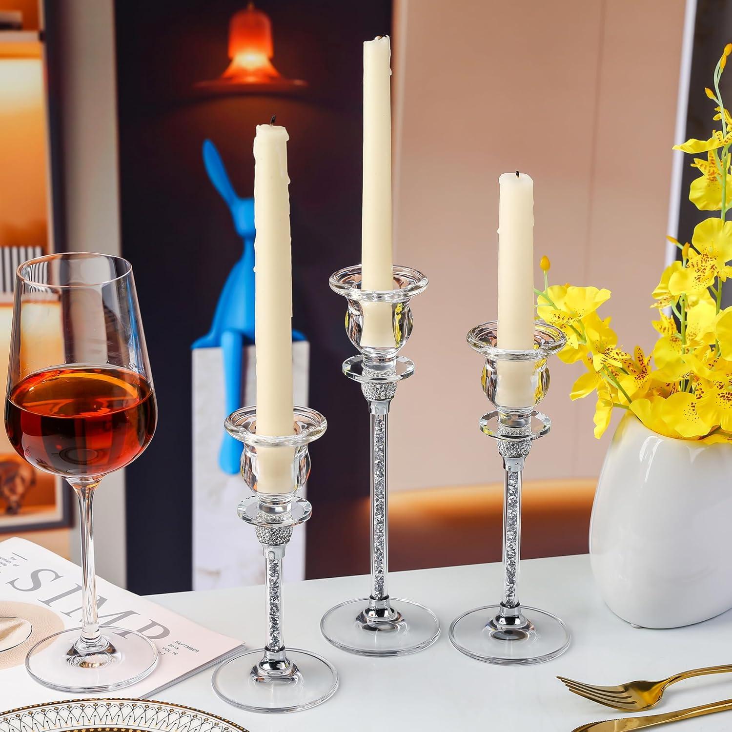 Transparenter Glas-Kerzenständer Kristallglas 3er Set Tischdeko Hochzeit Party Advent Weihnachten 17/20/23cm