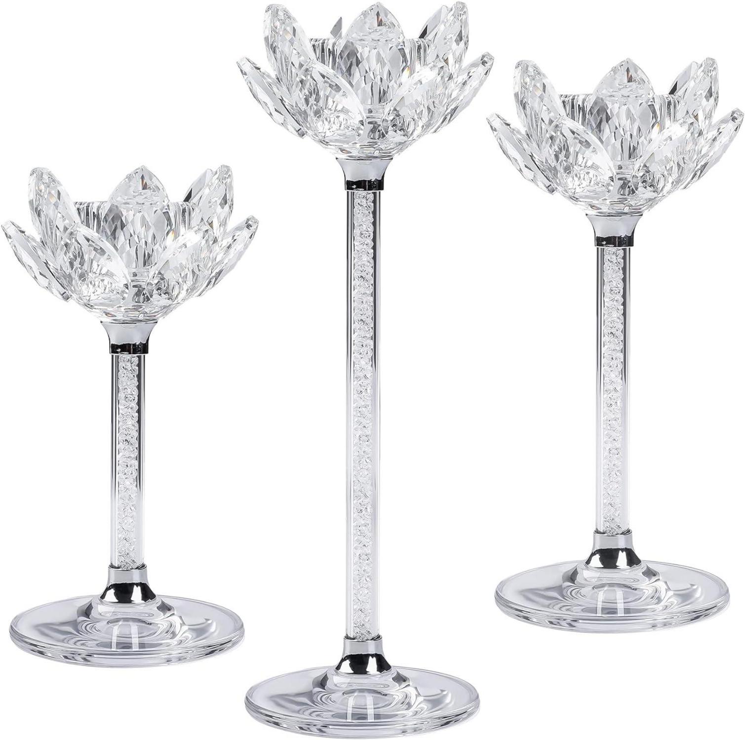 Kristall Lotusblume Kerzenständer Set 3 Silber