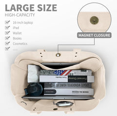 Canvas Tote Bag Damen Groß Shopper Umhängetasche mit Laptop Fach Beige