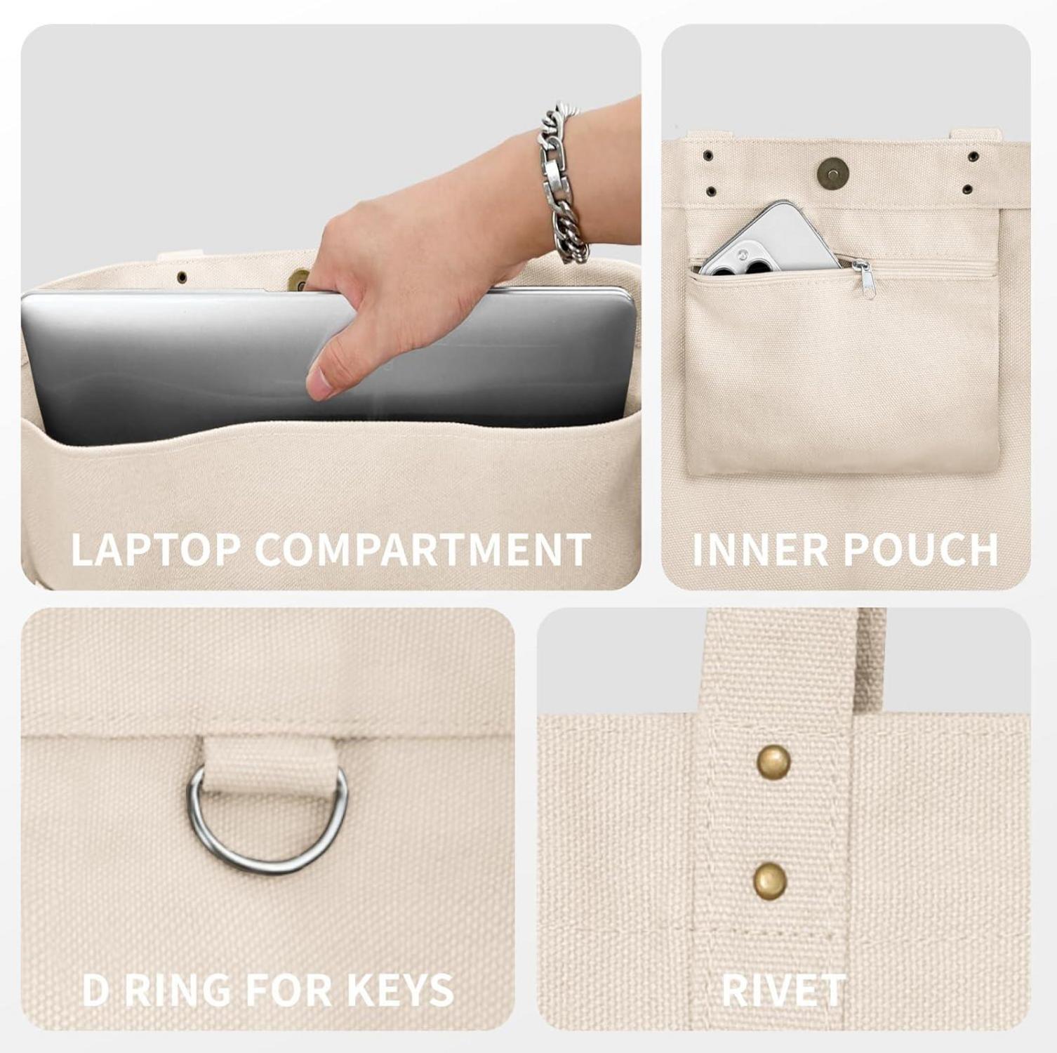 Canvas Tote Bag Damen Handtasche Groß Shopper Umhängetasche Laptopfach Beige