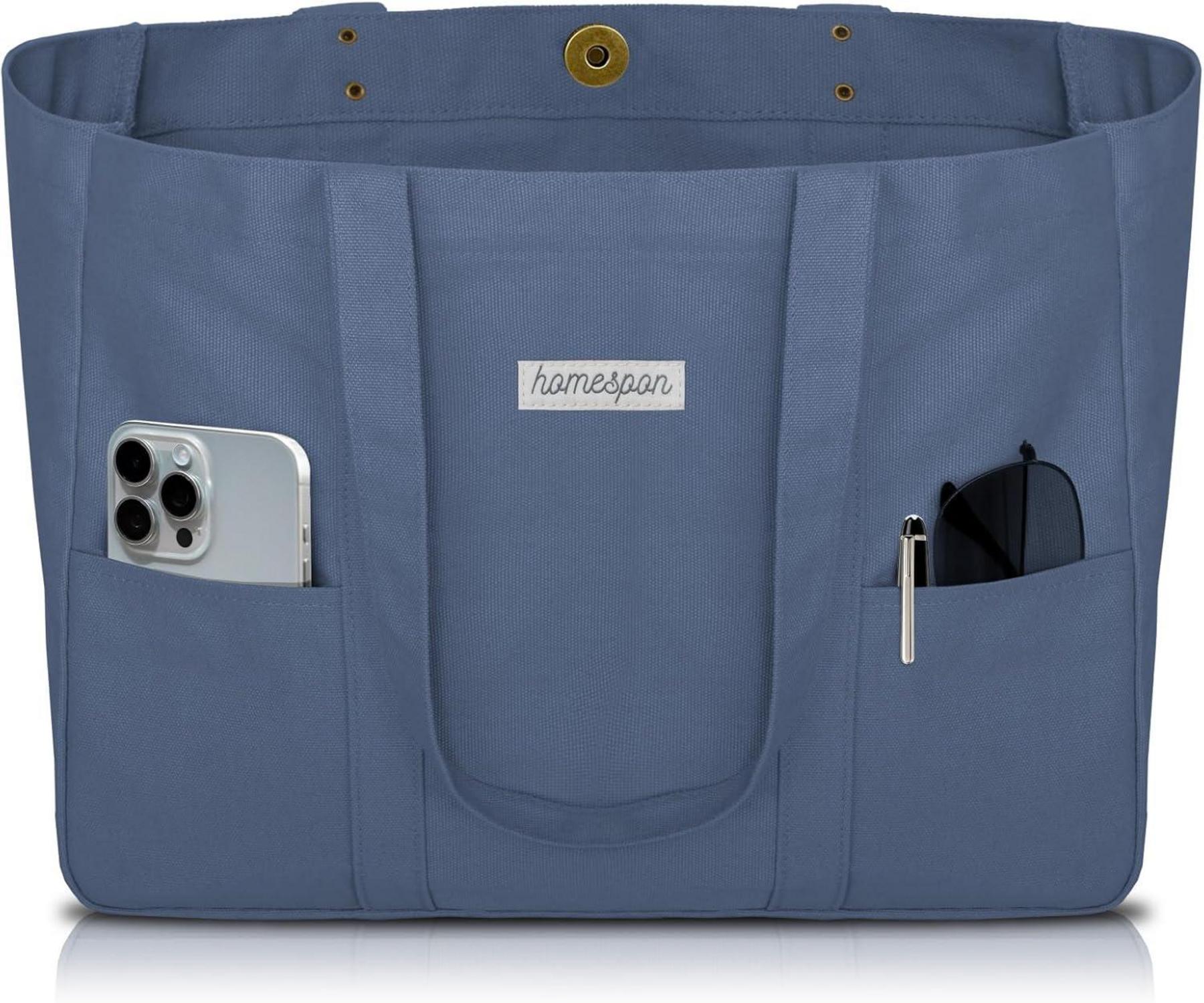 Canvas Tote Bag Damen Groß Shopper Umhängetasche Laptopfach Blau