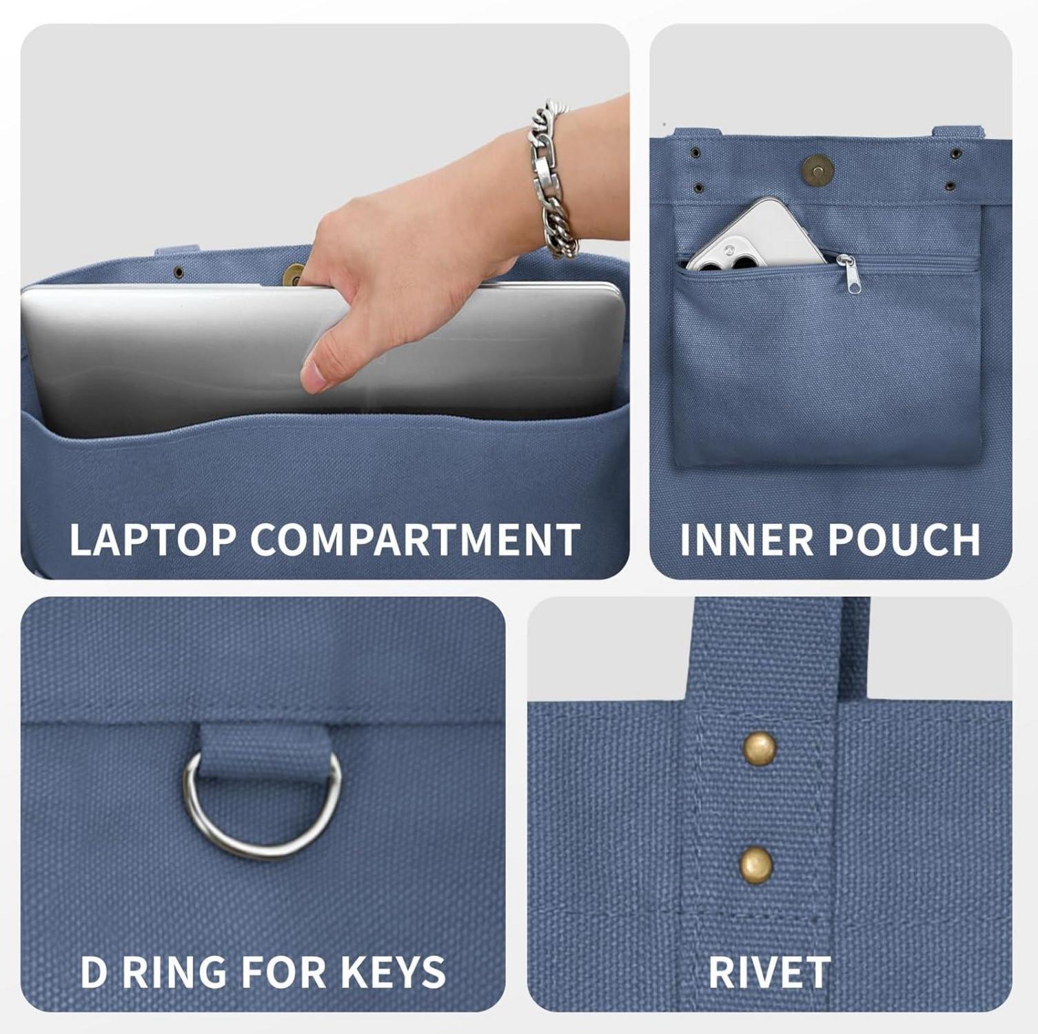 Canvas Tote Bag Damen Handtasche Shopper Umhängetasche Blau 15 Zoll Laptop Fach