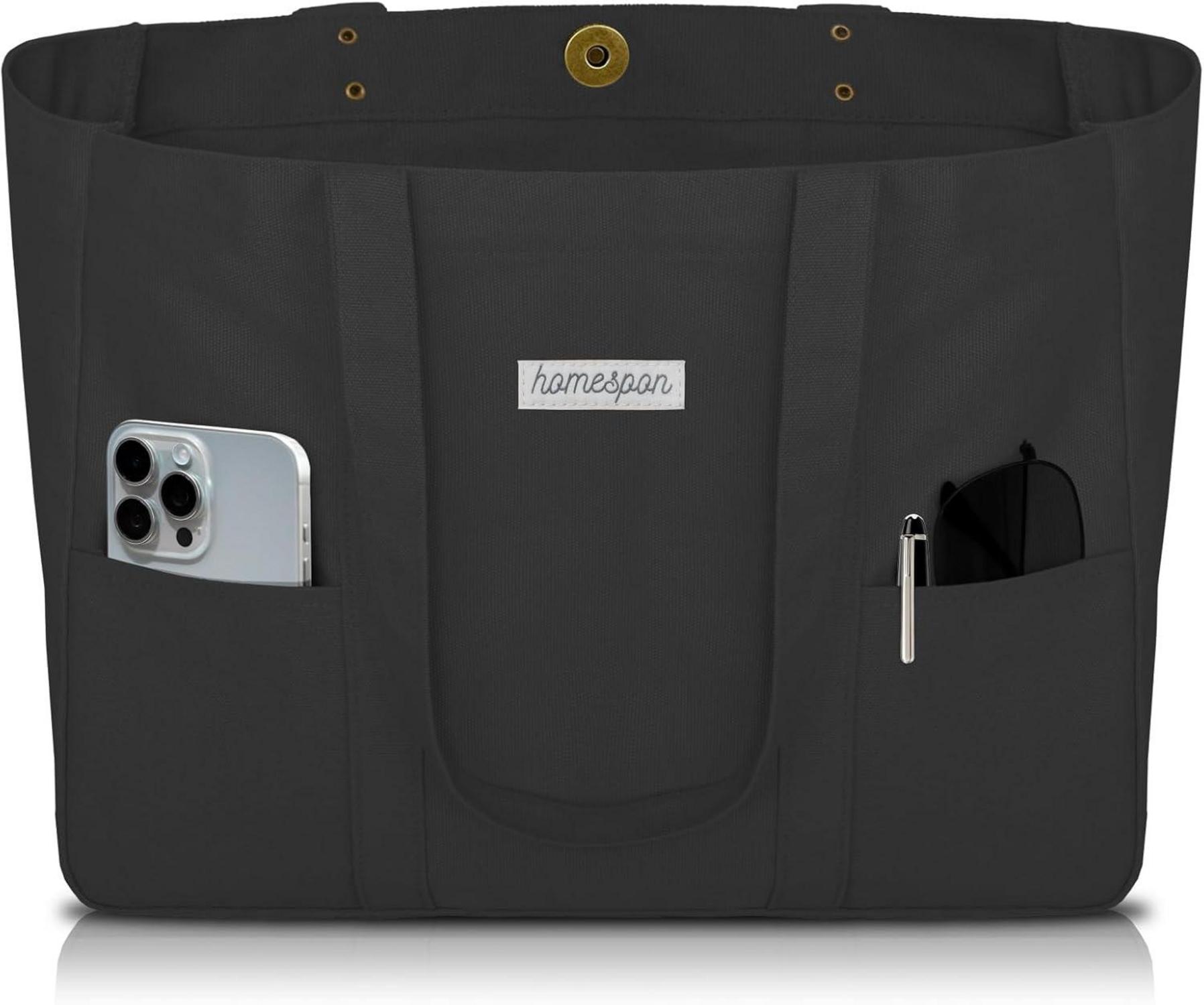 Canvas Tote Bag Damen Shopper Umhängetasche Laptop Fach Schwarz