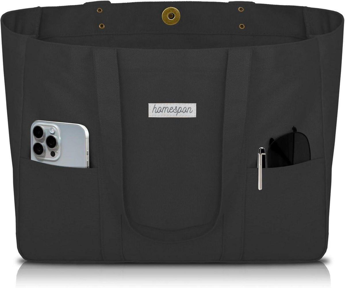 Canvas Tote Bag Damen Shopper Umhängetasche Laptop Fach Schwarz
