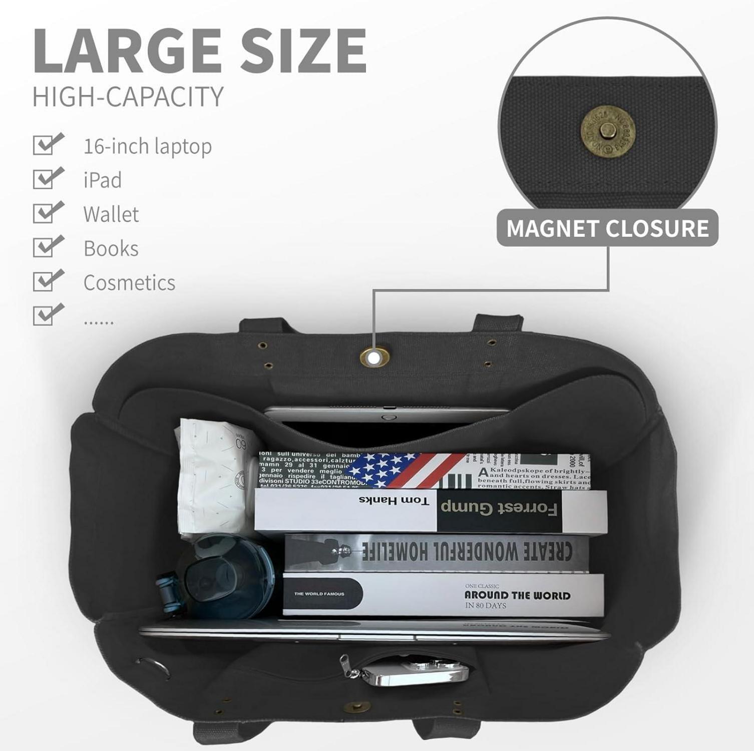 Große Canvas Tote Bag Damen Handtasche mit Laptopfach in Schwarz