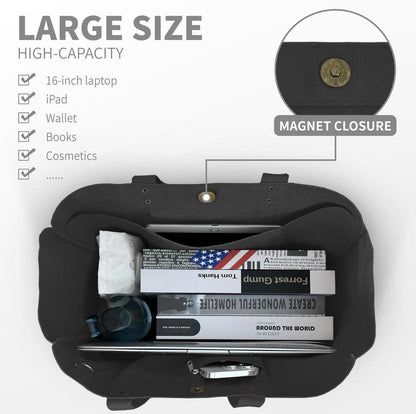 Große Canvas Tote Bag Damen Handtasche mit Laptopfach in Schwarz