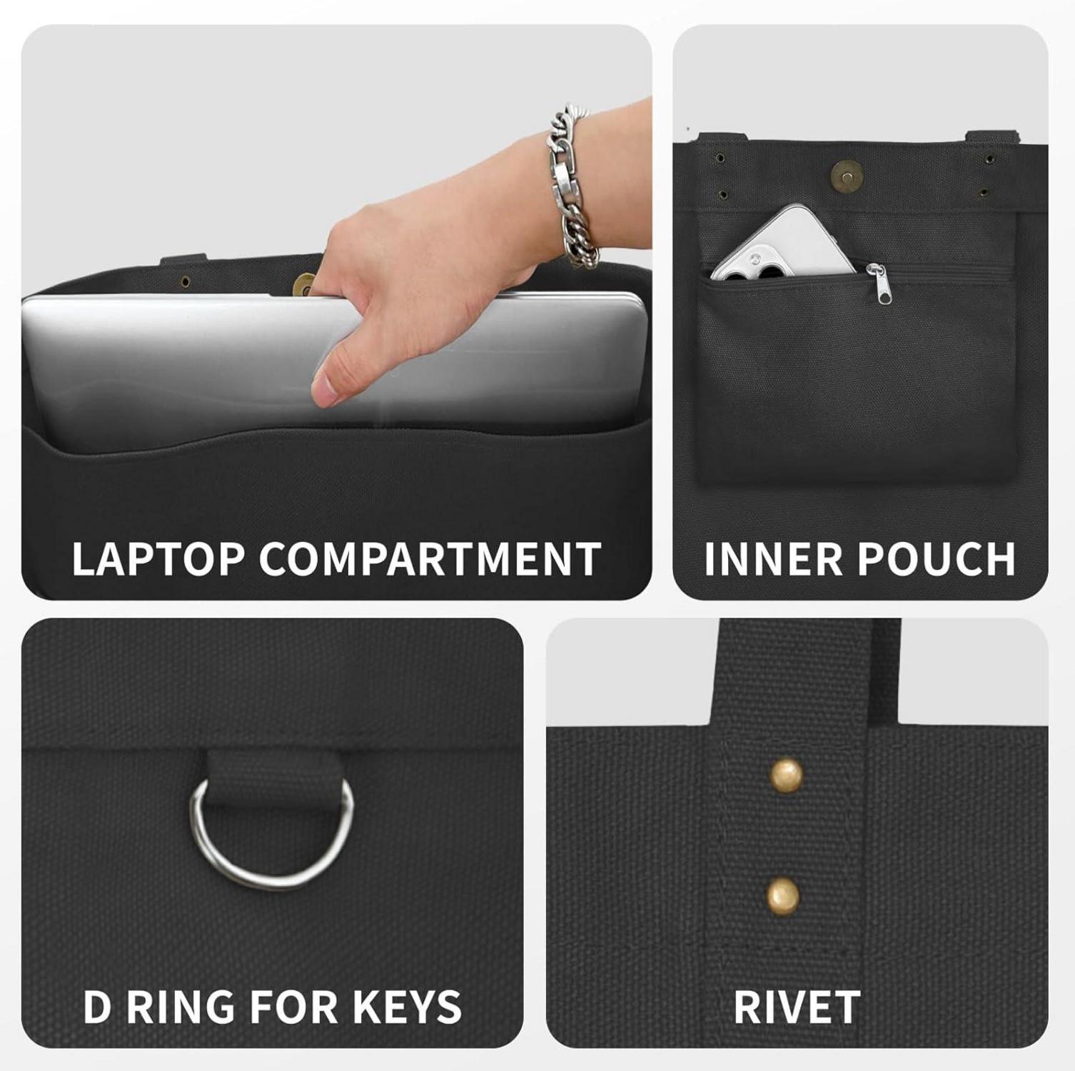 Große Damen Canvas Tote Bag mit Laptopfach und Henkeln Schwarz