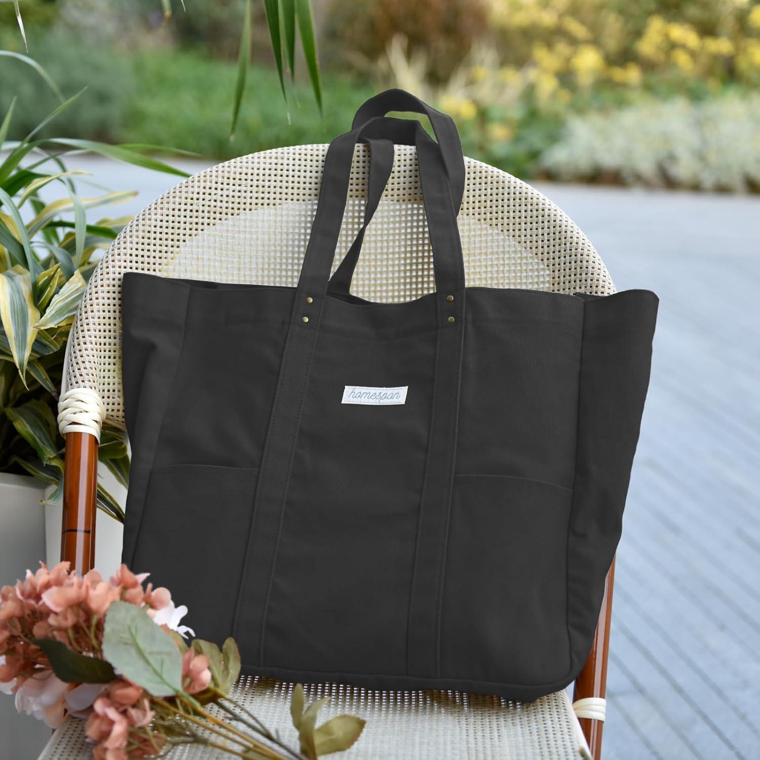 Große Damen Canvas Tote Bag mit Laptopfach und Henkeln Schwarz