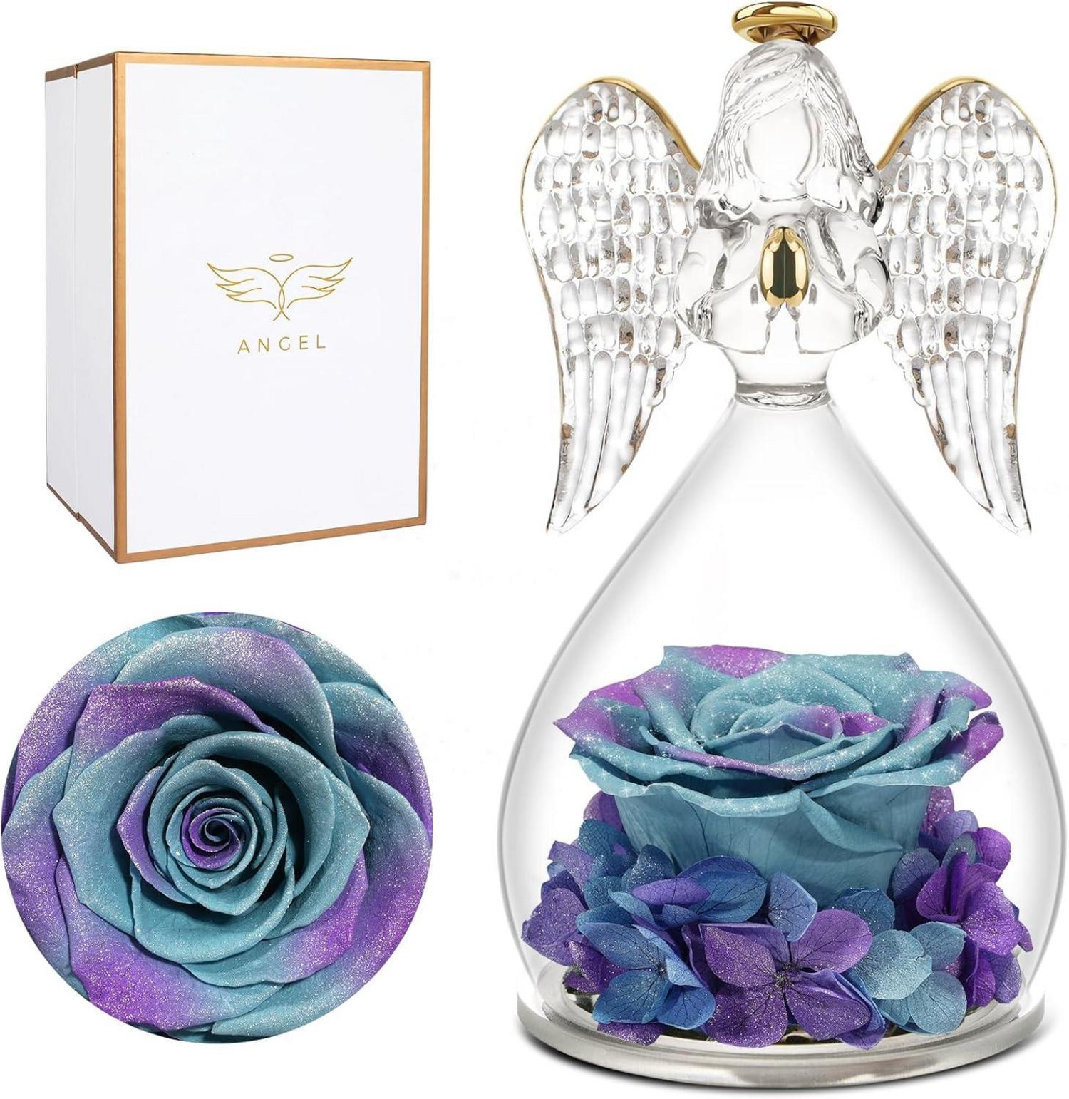Engel Figur Rose in Glaskuppel für Frauen, Ewige Blumen Geschenkbox