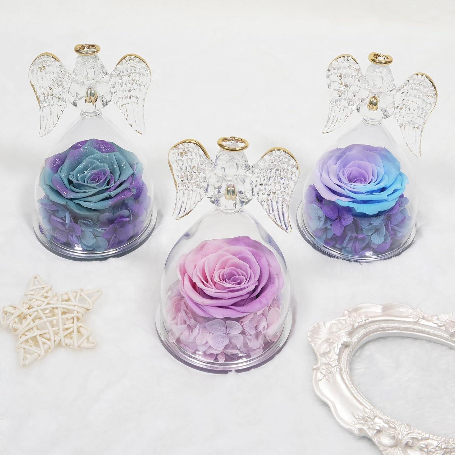 Engel Figur Rose in Glaskuppel für Frauen, Ewige Blumen Geschenkbox