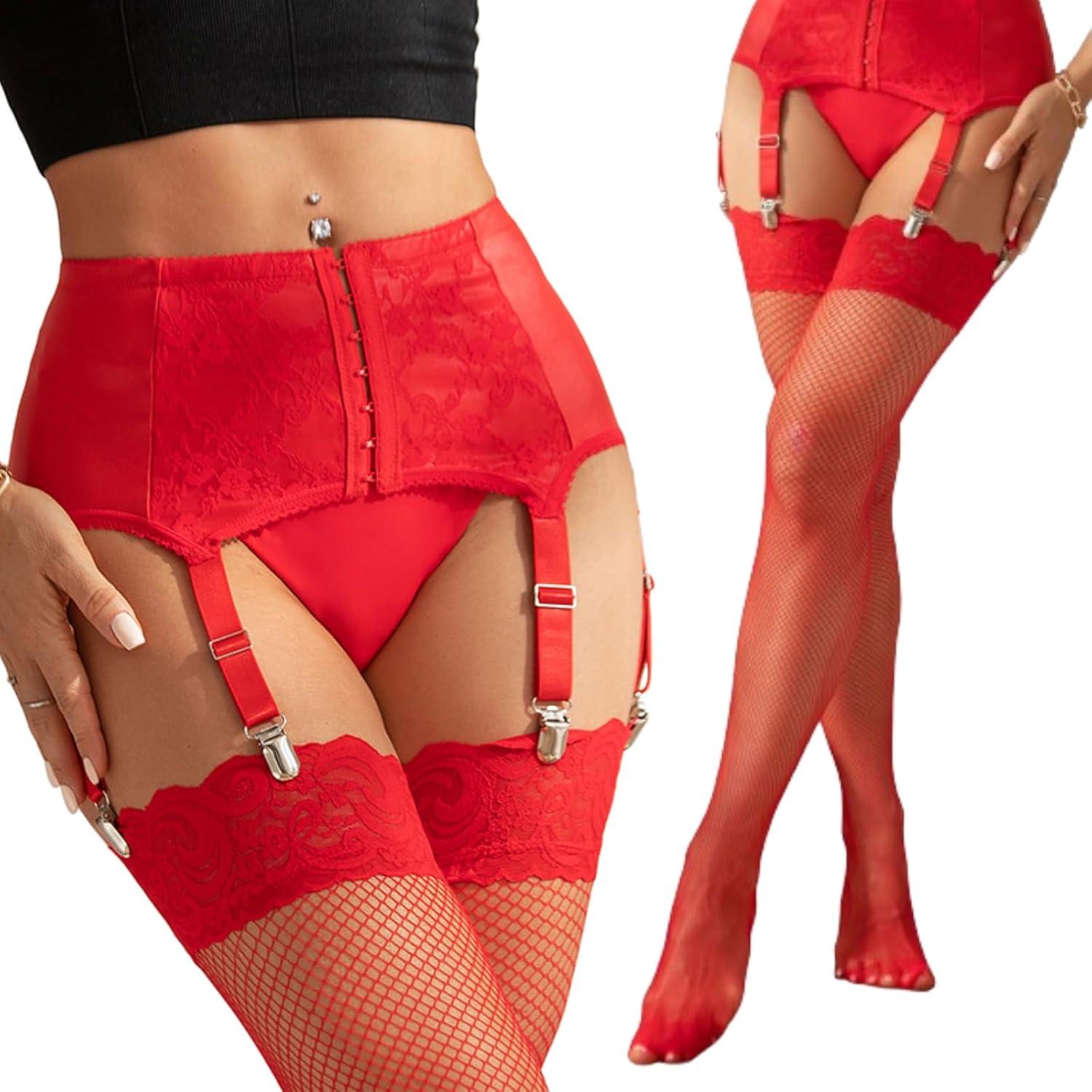 Ohyeahlady Strapsgürtel Kunstleder Strümpfe Metallclips Dessous Set