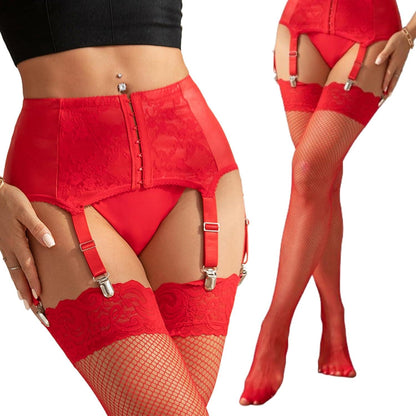 Ohyeahlady Strapsgürtel Kunstleder Strümpfe Metallclips Dessous Set