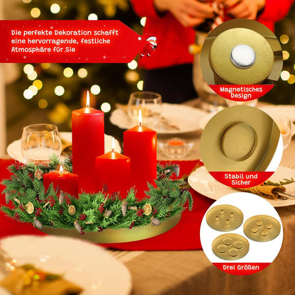 30cm Magnetisches Adventskranz Metall Kerzenhalter Gold - 3in1 Stumpenkerze Stabkerzen Teelichter Weihnachten Deko