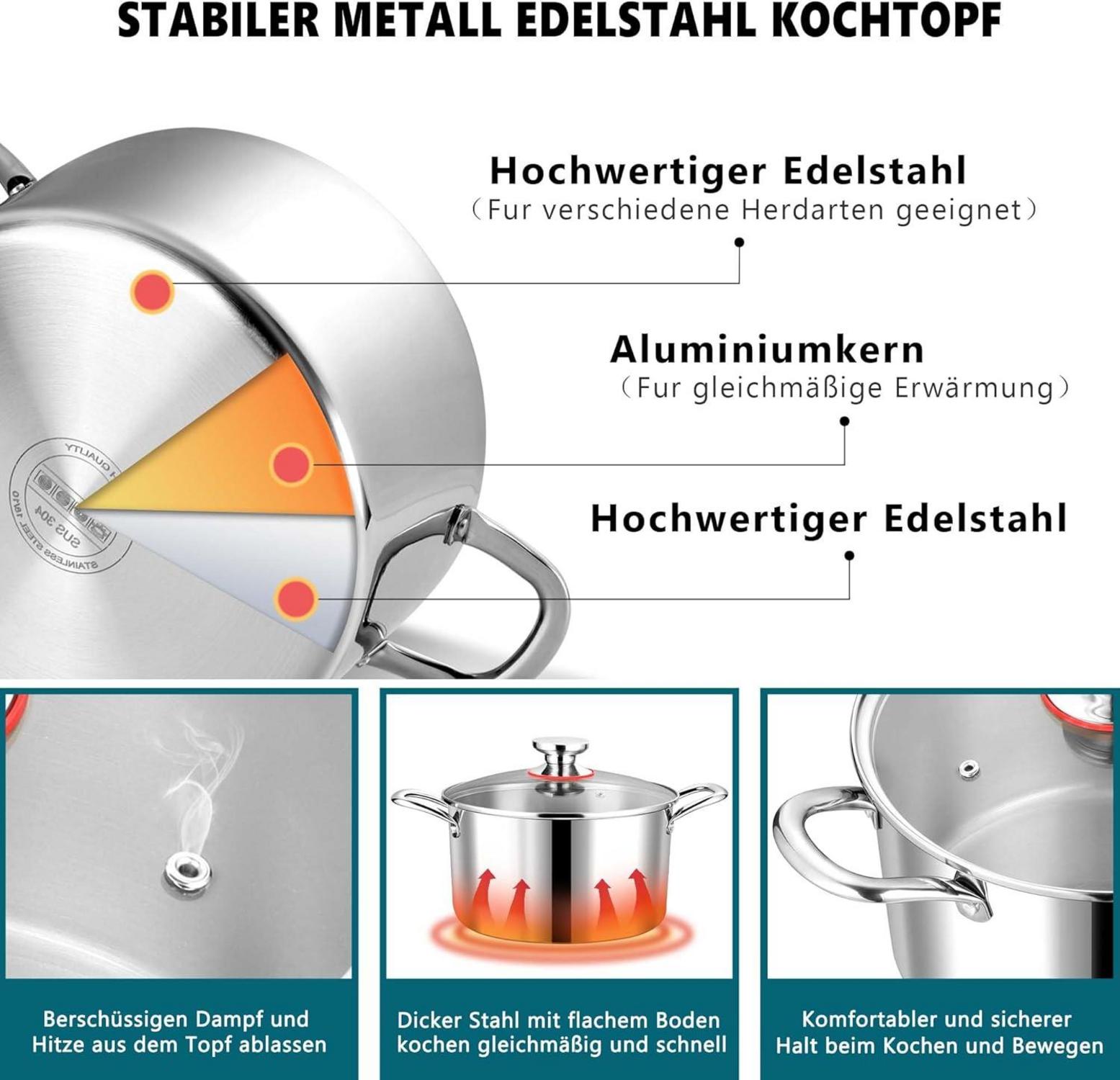 Kochtopf 22cm 3-Lagiger Edelstahl Nudeltopf 5L Induktion Suppentopf