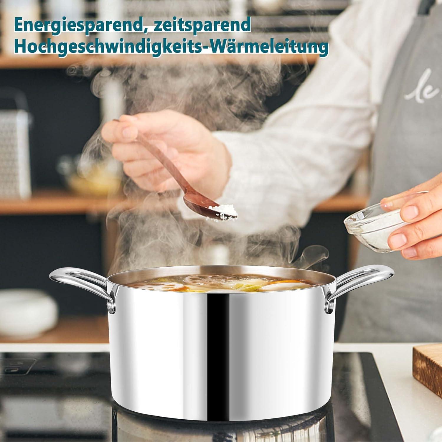 3-lagiger Edelstahl Nudeltopf, 5L Kochtopf mit Glasdeckel