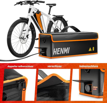 HENMI Ebike Akku Tasche Feuerfest 1000°C Metallschnalle L 49x15x15cm