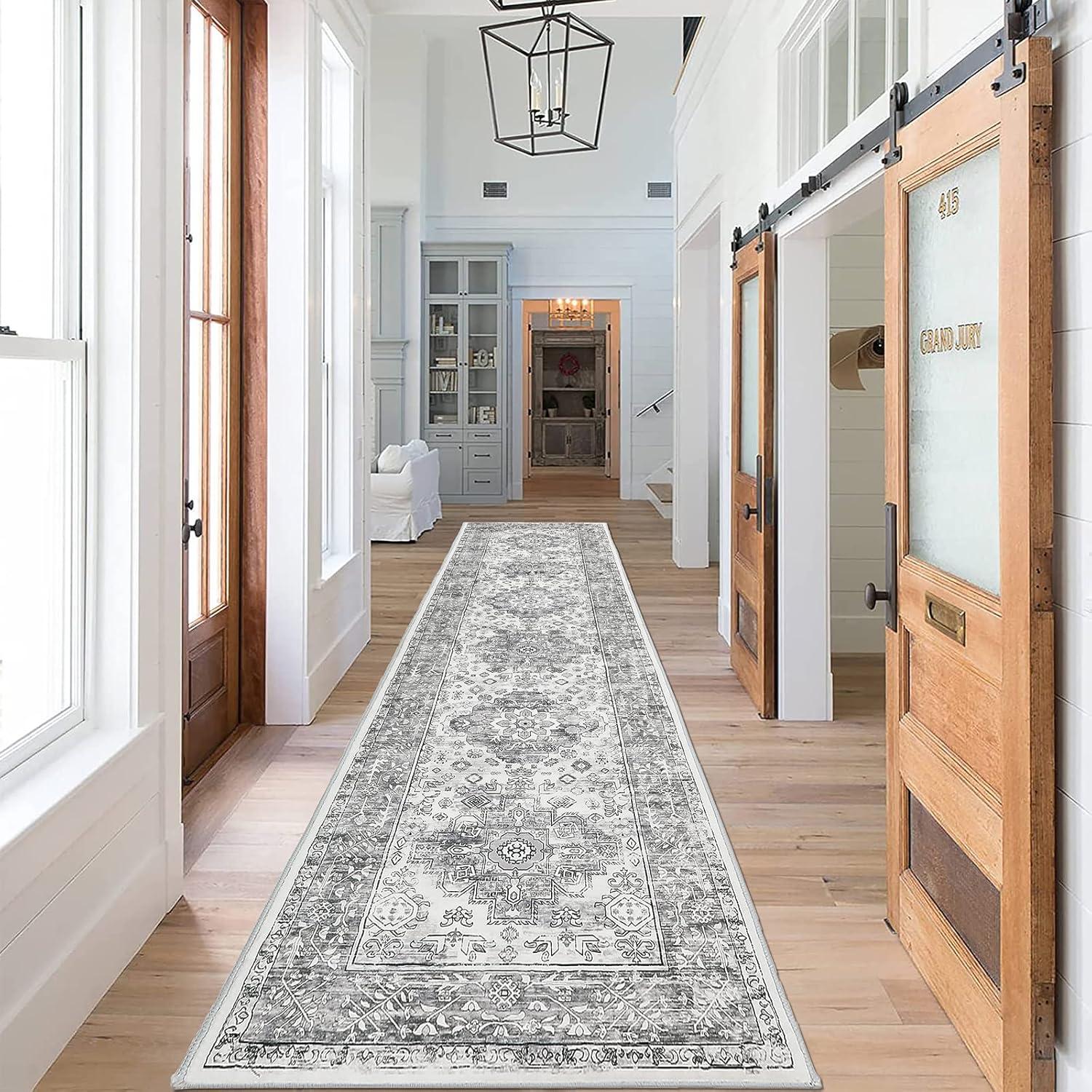 Vintage Teppichläufer Grau 60 x 240 cm rutschfest Waschküche Eingang