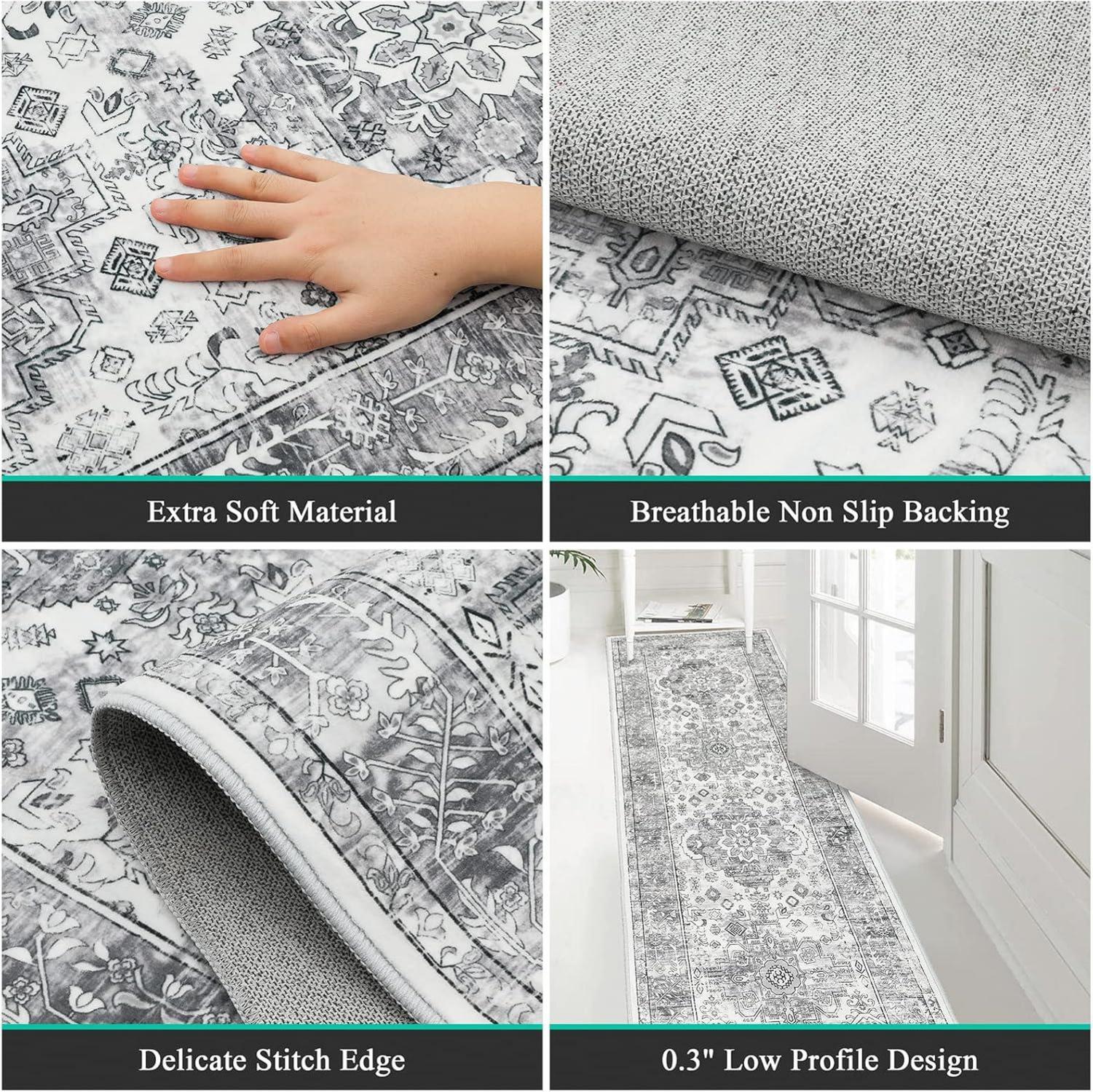 Enyhom Teppich Läufer 60x240cm Grau Vintage Boho Chic Waschbar rutschfester Rücken