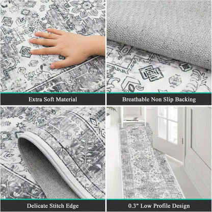 Enyhom Teppich Läufer 60x240cm Grau Vintage Boho Chic Waschbar rutschfester Rücken