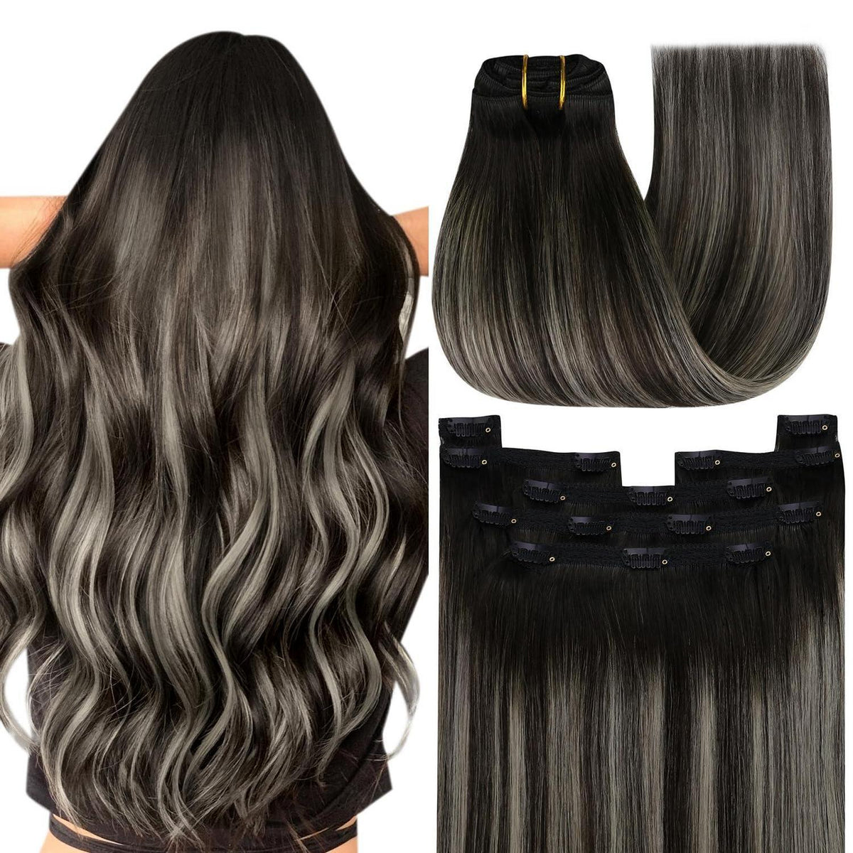 Clip-in Echthaar Extensions Ombre Schwarz Silber 55cm