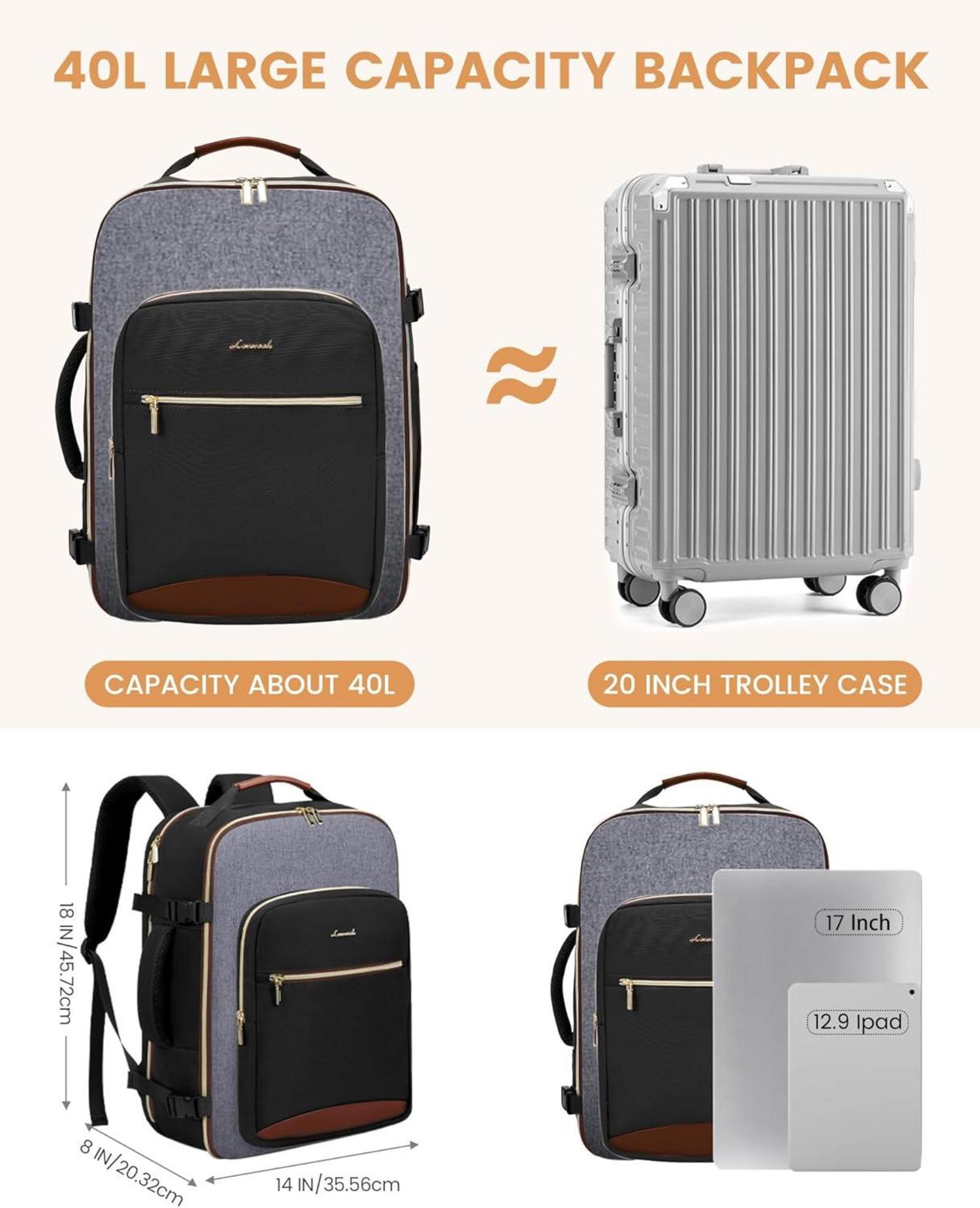 Handgepäck Rucksack 40L Damen Herren Wasserdicht Laptop 17 Zoll Travel