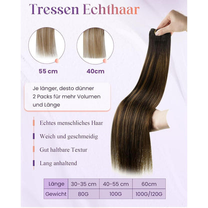 Echthaar Tressen Ombre Braun 55cm - Zum Einnähen #2/8/2