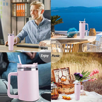 40oz Thermobecher mit Strohhalm und Henkel, doppelwandiger Vakuum Isolierbecher