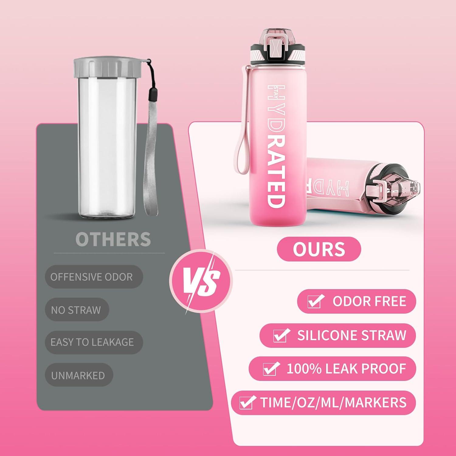 Trinkflasche 750ML BPA-frei mit Strohhalm Zeitmarkierung und BürsteFitness Sport Yoga Rosa Farbverlauf Wiederverwendbar