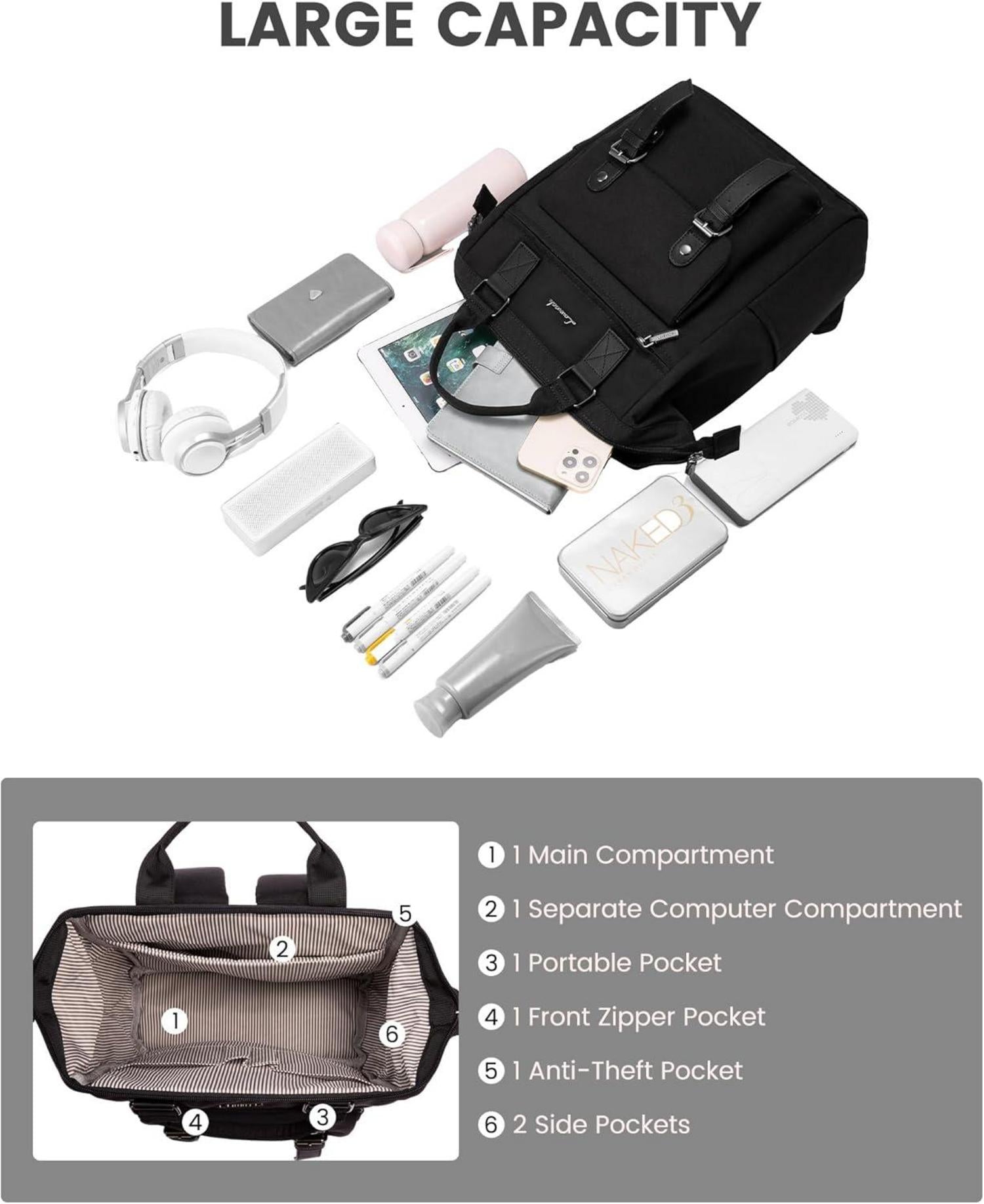 Schwarzer Damenrucksack Klein Wasserdicht 14-Zoll-Laptopfach