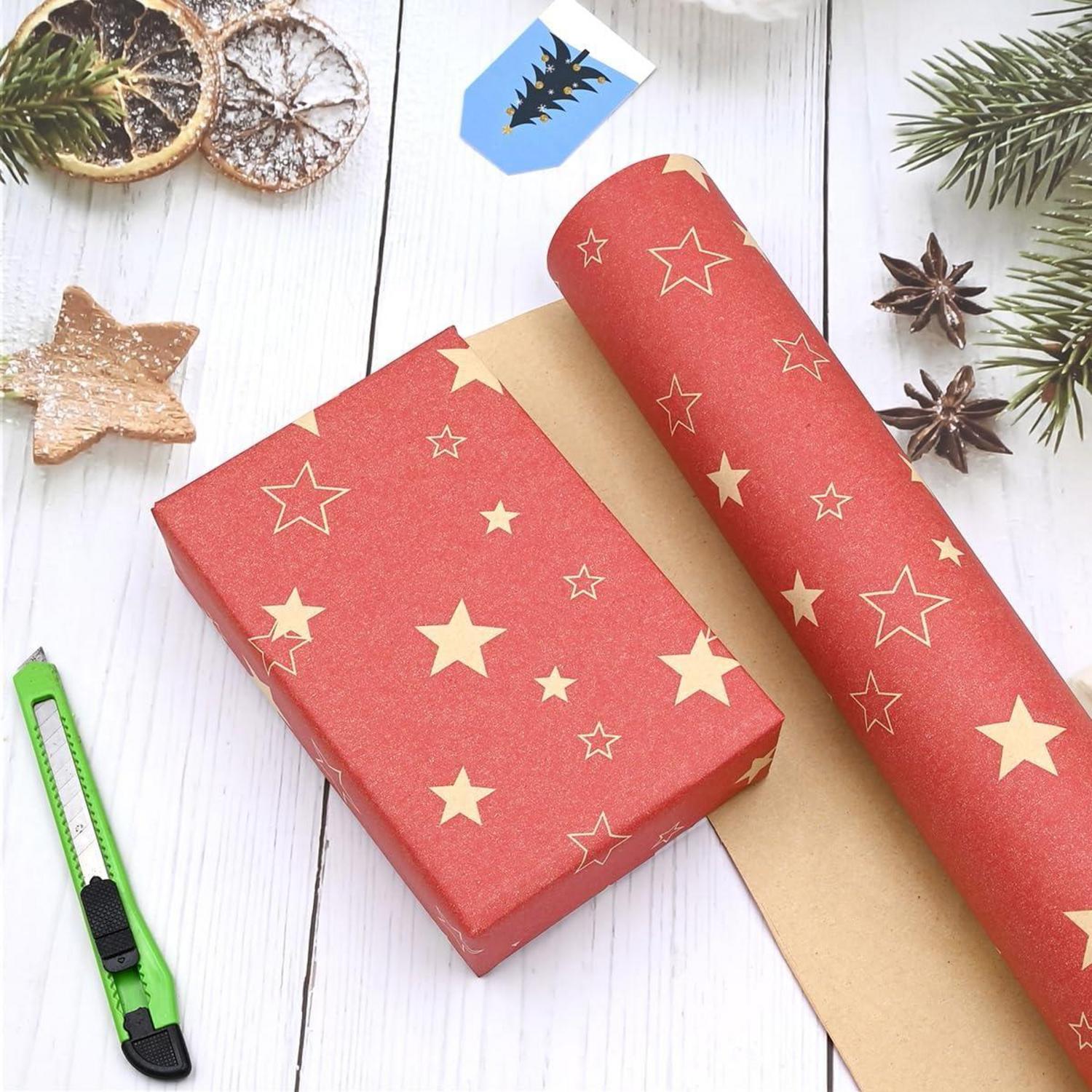 Geschenkpapierrolle Rotes Kraftpapier Sternmuster 15m x 43cm