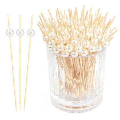 200 Cocktailspieße Bambus mit Perlen – 12cm Party & Snack Spieße