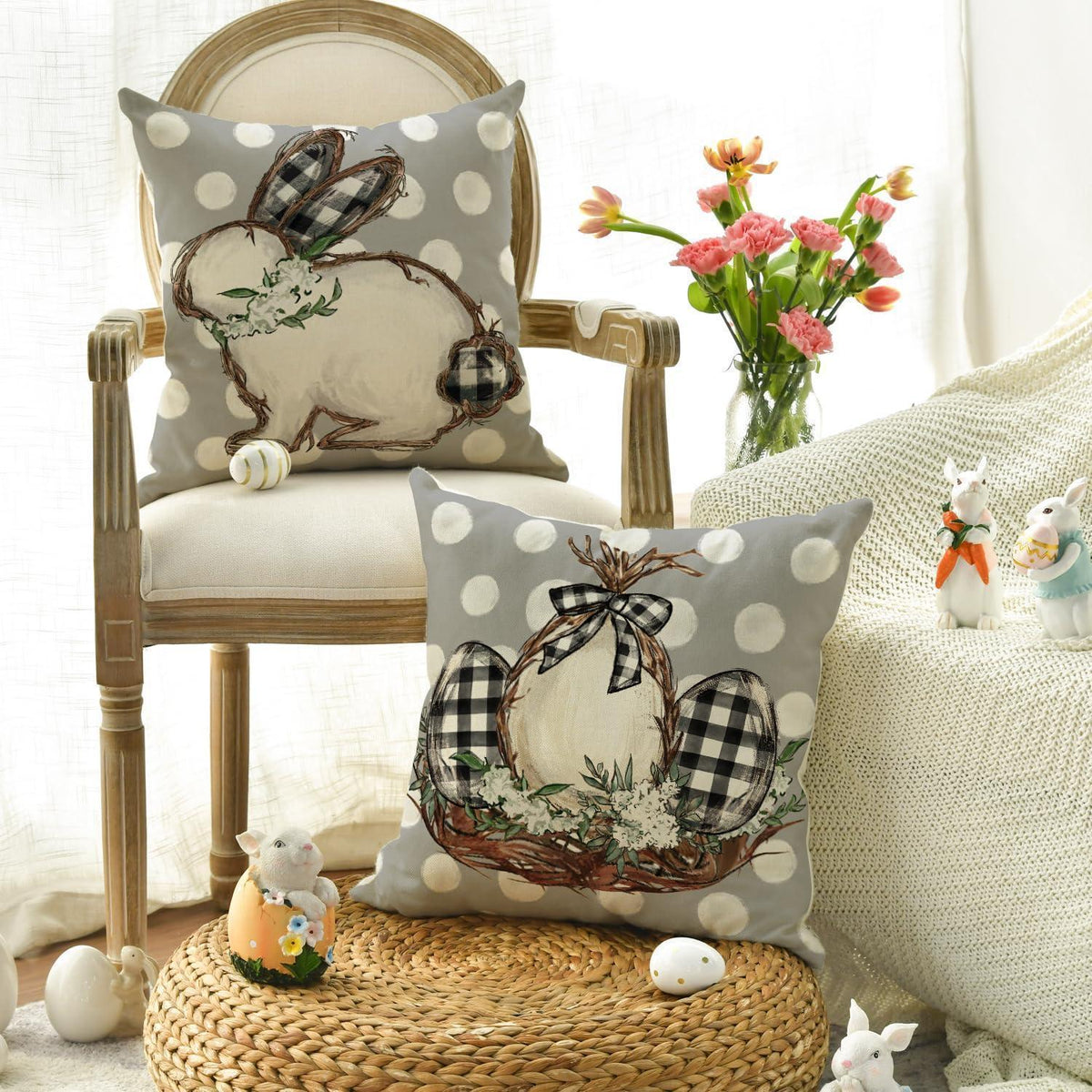 Oster Kissenbezüge 4er Set - Hasen, Blumen & Eier 45x45 cm