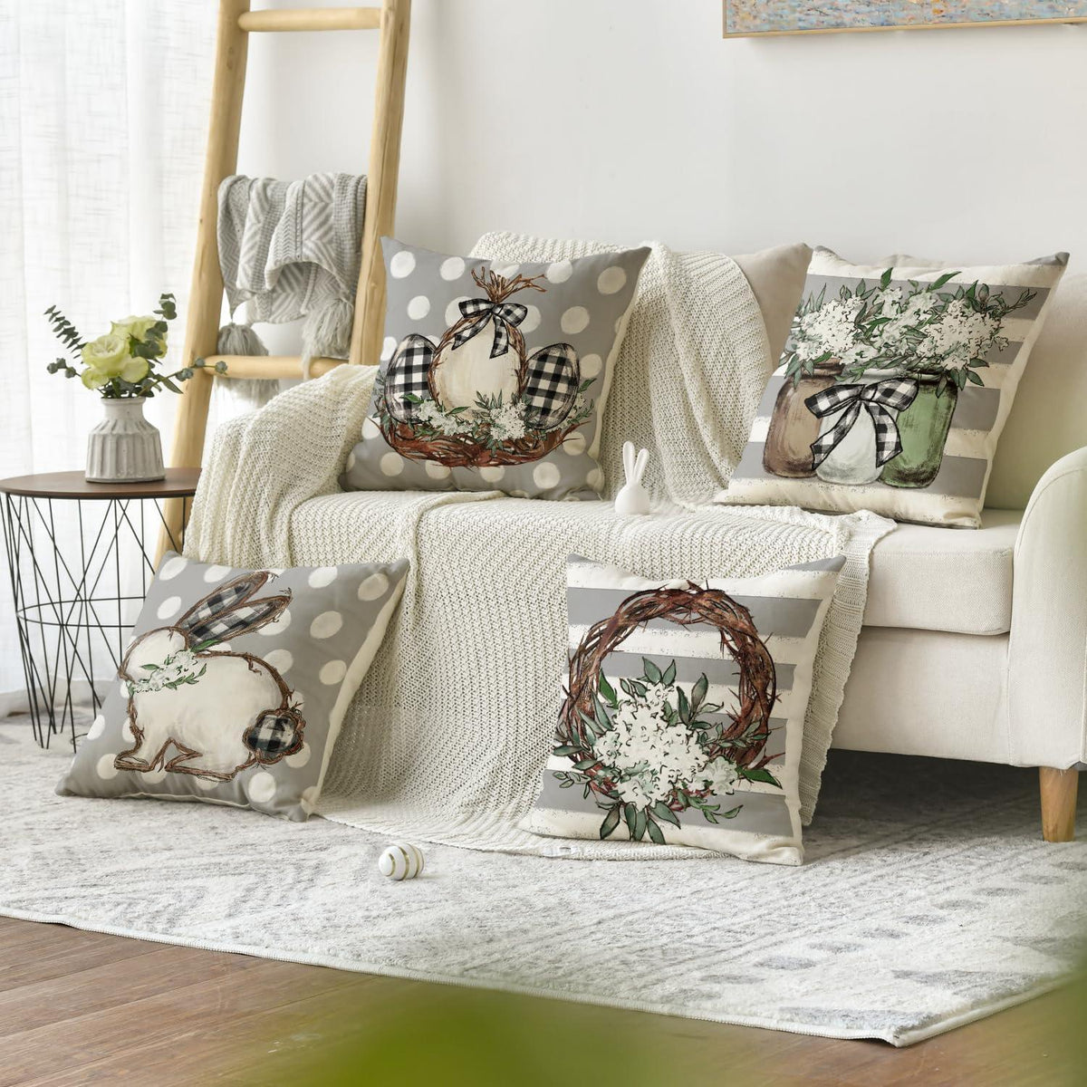 Oster Kissenbezüge 4er Set - Hasen, Blumen & Eier 45x45 cm