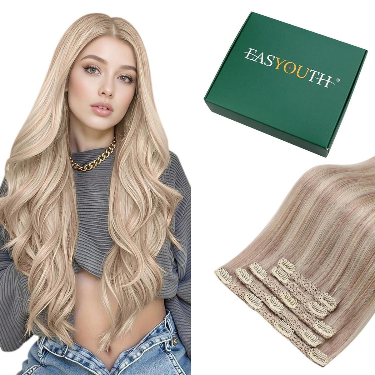 Blond Echthaar Clip-in Extensions – Aschblond Highlights