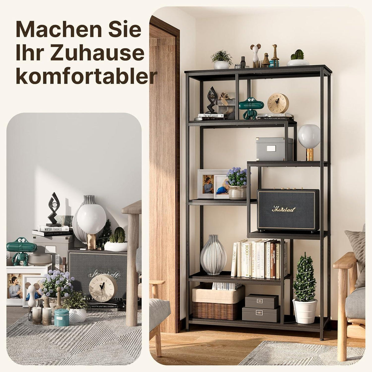 5-stöckiges Bücherregal versetzt, Schwarz – Freistehendes Industriedesign