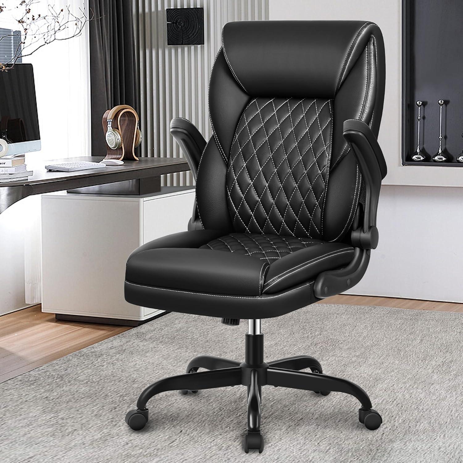 Ergonomischer Chefsessel Bürostuhl, Hoher Rücken Leder Schwarz
