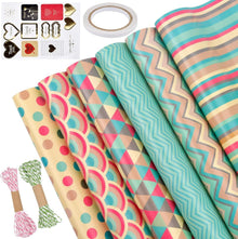 Recycelbares Geschenkpapier Set mit 6 Bögen, Papierseil & Aufklebern