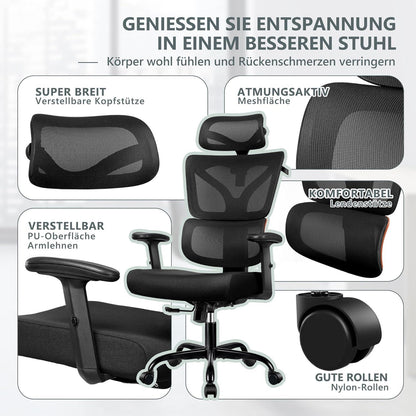 Ergonomischer Bürostuhl mit Großen Rücklehnen, Gaming-Stuhl mit Lordosenstütze