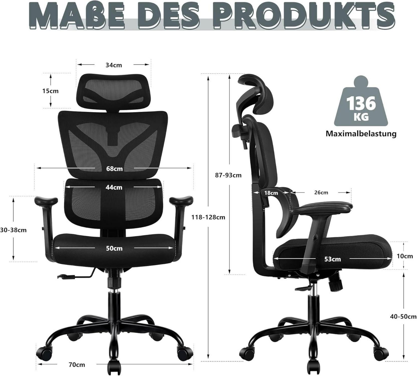 Winrise Bürostuhl Ergonomisch mit Großen Rücklehnen Schwarz