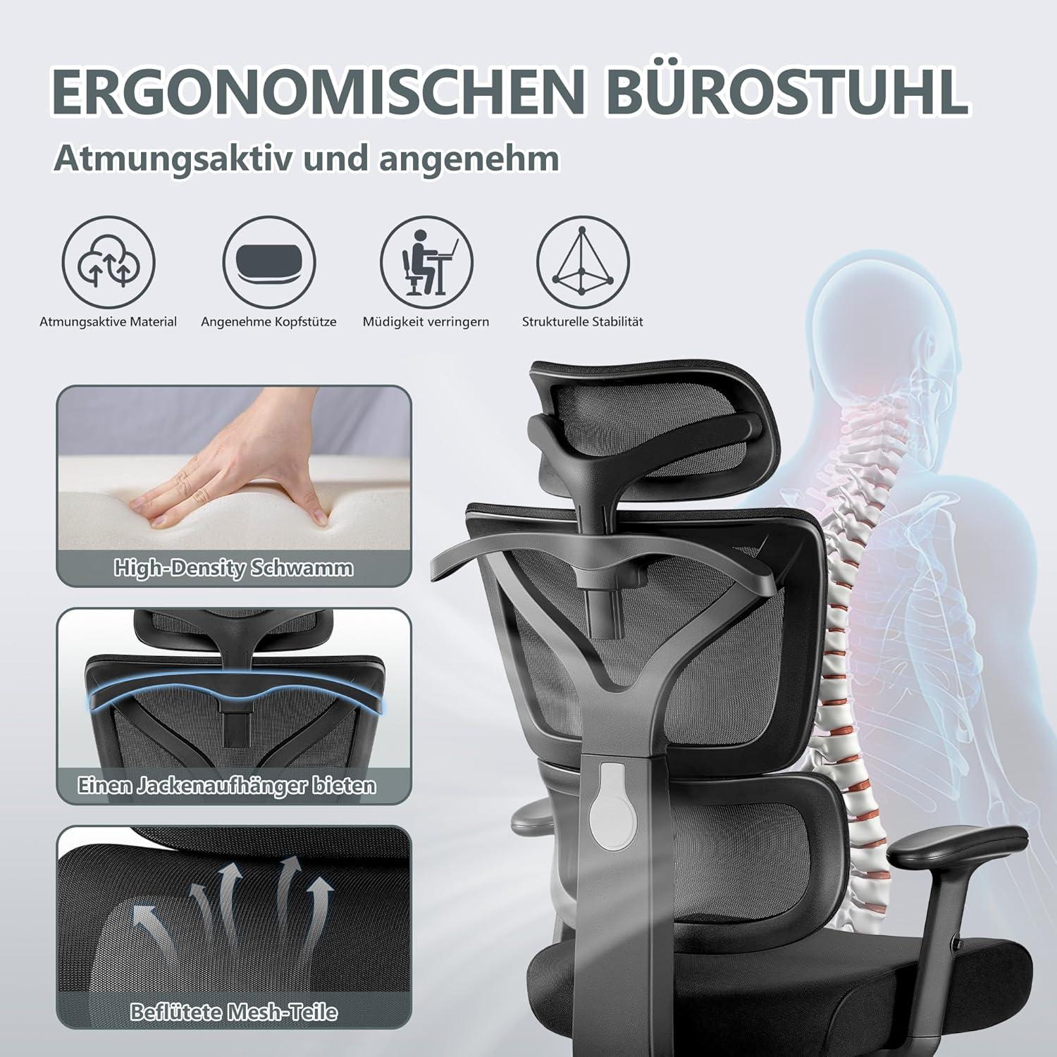 Ergonomischer Bürostuhl mit Großen Rücklehnen und Lordosenstütze